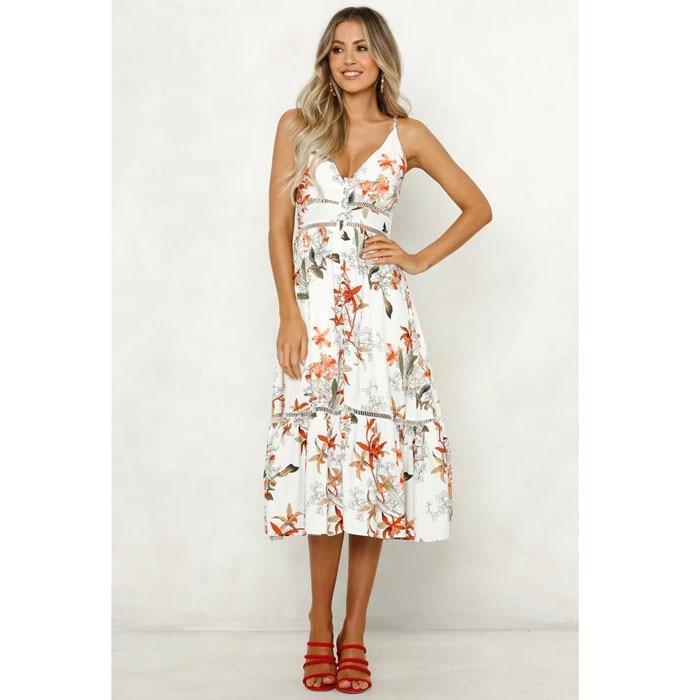 Floral Print V Neck Midi Dress