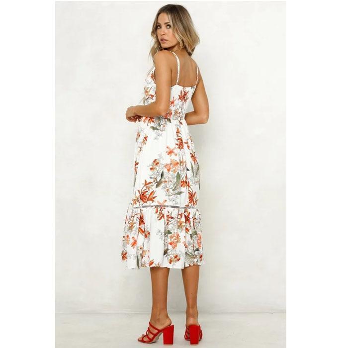 Floral Print V Neck Midi Dress