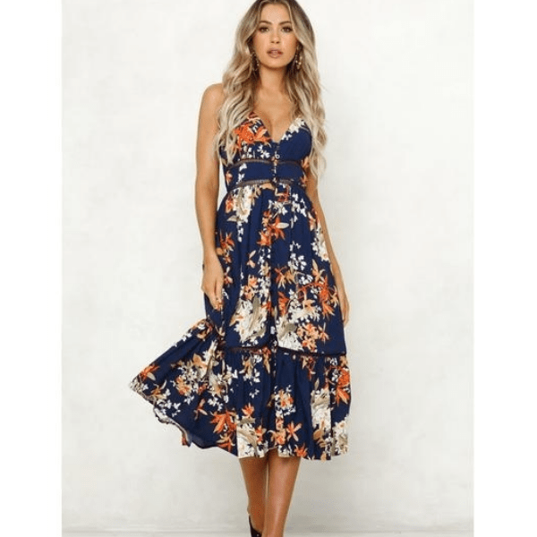 Floral Print V Neck Midi Dress