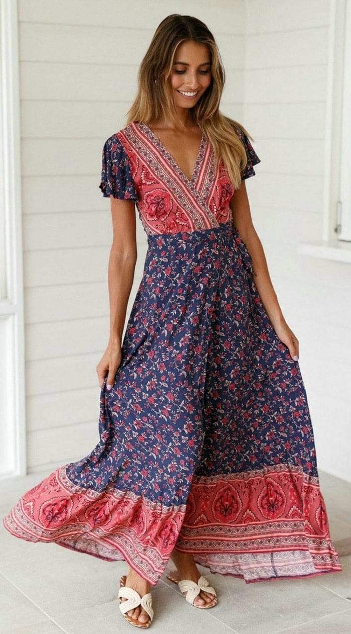 Vestido con estampado bohemio y cuello en V profundo 