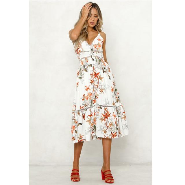 Floral Print V Neck Midi Dress