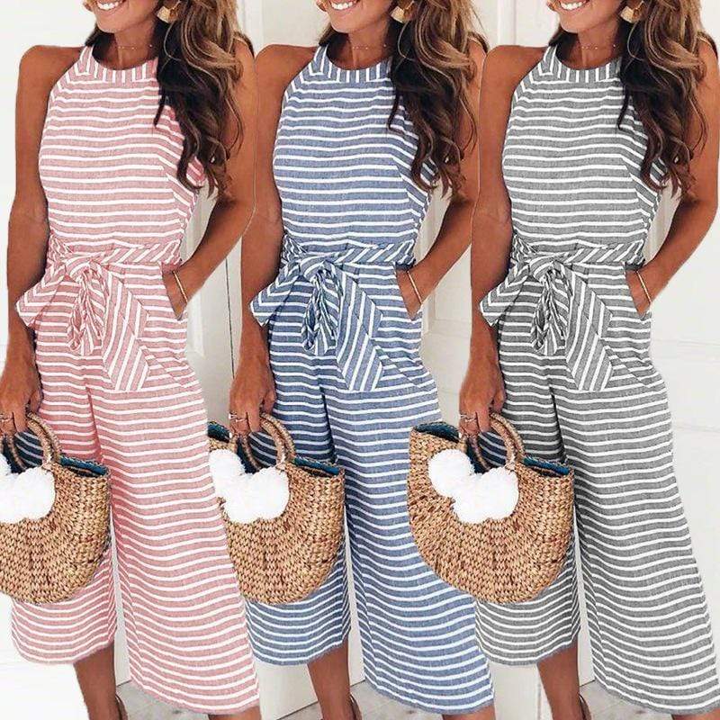 Women’s Sleeveless Striped Jumpsuit – Tie-Belt, Cropped Wide-Leg