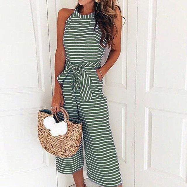 Women’s Sleeveless Striped Jumpsuit – Tie-Belt, Cropped Wide-Leg