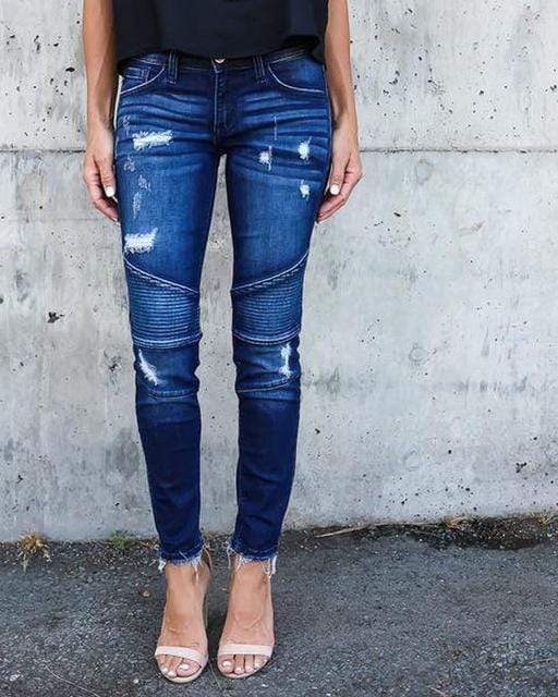 Skinny Ripped Pleated Stretch Denim Jeans